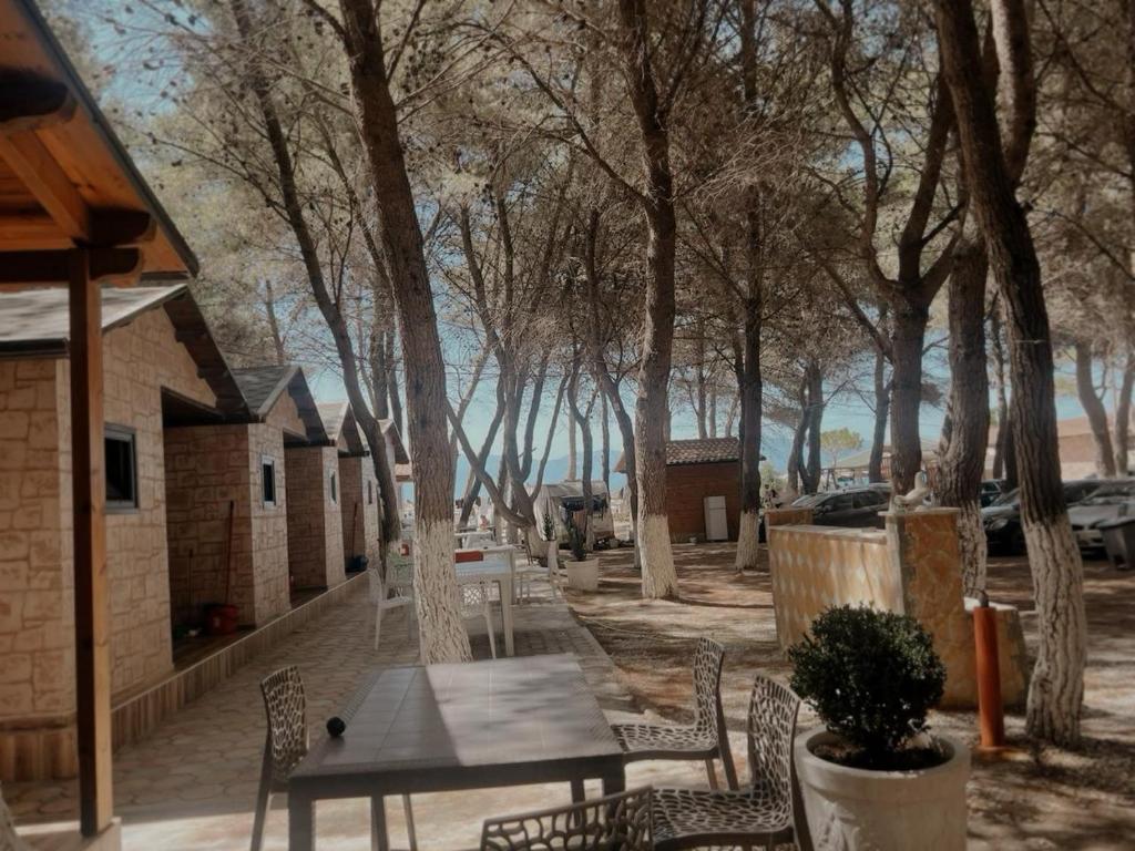 Resort bungalows shaded by pine trees with sea-view dining tables
