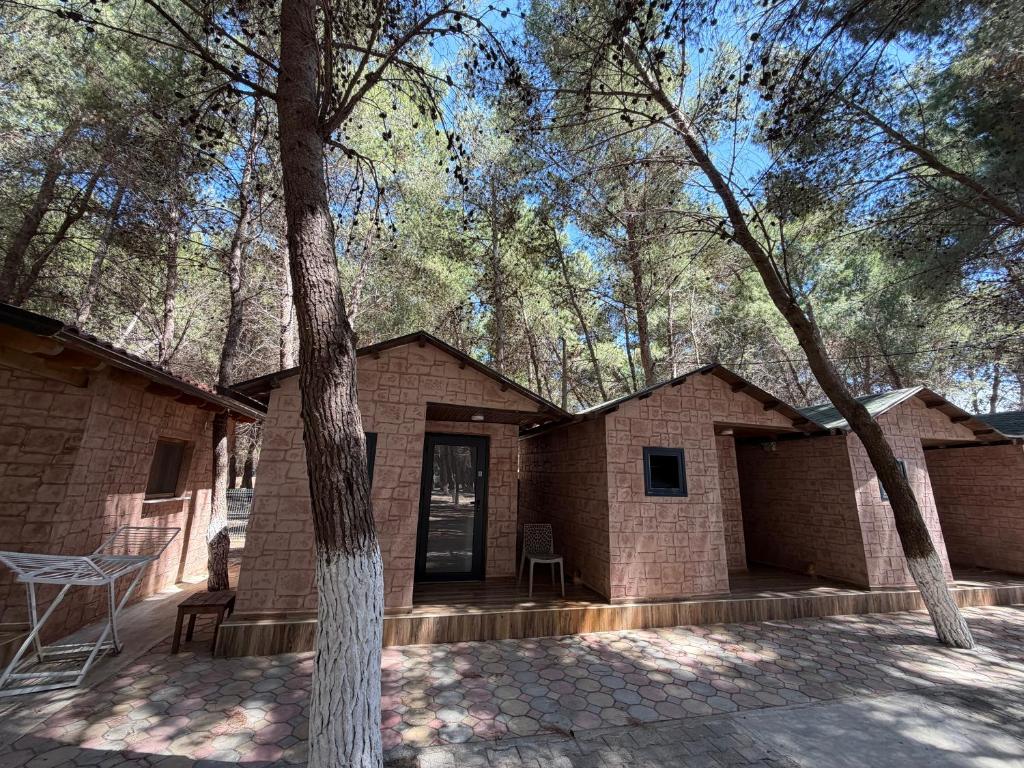 Stone cottages nestled in the forest at the resort